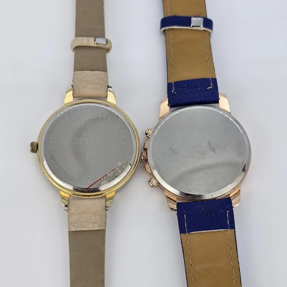2X 40MM Women's Watch Gold Purple Dial Tan Purple Faux Leather Bands New Battery